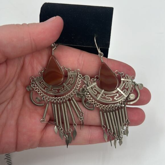 Large Carnelian wire wrapped tassel statement earrings - Picture 2 of 3